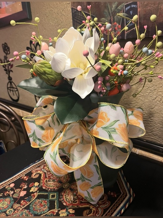 Other - Floral Magnolia & Spring Berry Arrangement with Yellow Ribbon - Home Accents